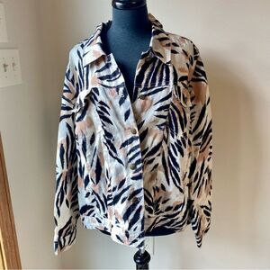 LUCY & LAUREL Blazer Jacket Linen Animal Zebra Print Cream Black Button Up 2X